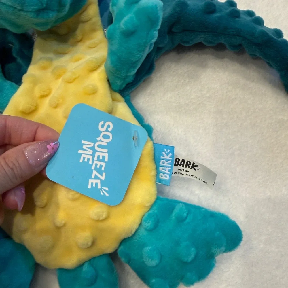 BarkBox Dingbert the Dragon Plush Squeaky Crinkle Dog Toy Teal Yellow New